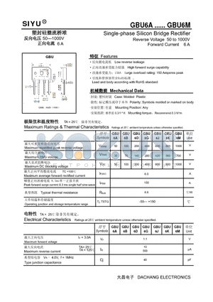 GBU6B datasheet - Single-phase Silicon Bridge Rectifier Reverse Voltage 50 to 1000V Forward Current 6 A