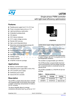 L6738TR datasheet - Single-phase PWM controller with light-load efficiency optimization