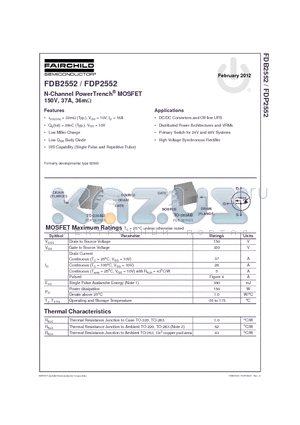 FDP2552_12 datasheet - N-Channel PowerTrench^ MOSFET 150V, 37A, 36mY