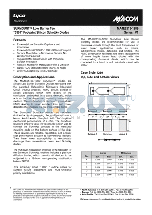 MA4E2513 datasheet - SURMOUNT Low Barrier Tee 0301 Footprint Silicon Schottky Diodes