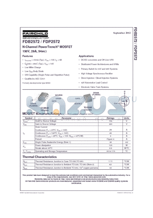 FDP2572 datasheet - N-Channel PowerTrench MOSFET 150V, 29A, 54m