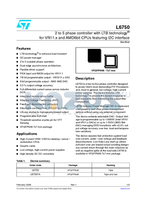L6750 datasheet - 2 to 5 phase controller with LTB technology for VR11.x and AMD6bit CPUs featuring I2C interface