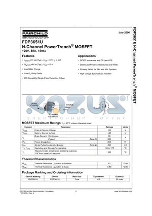 FDP3651U datasheet - N-Channel PowerTrench  MOSFET 100V, 80A, 15mOHM