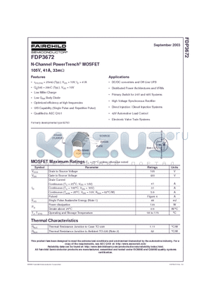 FDP3672 datasheet - N-Channel PowerTrench MOSFET 105V, 41A, 33m