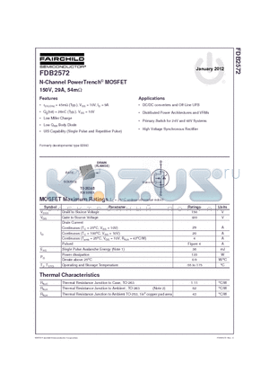 FDP2572_12 datasheet - N-Channel PowerTrench^ MOSFET 150V, 29A, 54mY