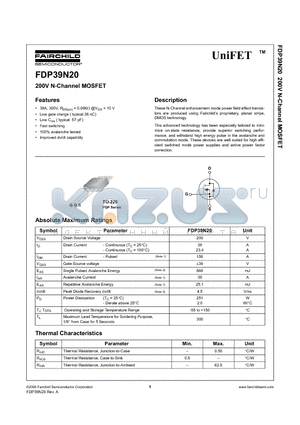 FDP39N20 datasheet - 200V N-Channel MOSFET