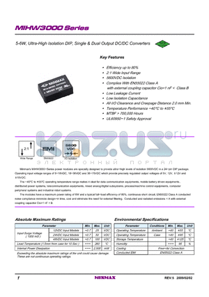 MIHW3022 datasheet - 5-6W, Ultra-High Isolation DIP, Single & Dual Output DC/DC Converters