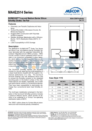 MA4E2514M-1116W datasheet - SURMOUNTTM Low and Medium Barrier Silicon Schottky Diodes: Tee Pair