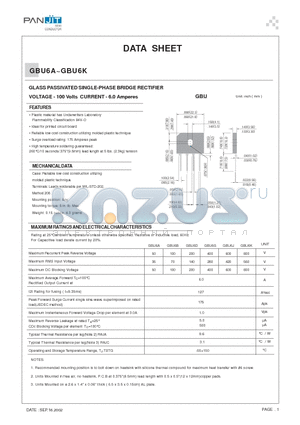 GBU6J datasheet - GLASS PASSIVATED SINGLE-PHASE BRIDGE RECTIFIER(VOLTAGE - 100 Volts CURRENT - 6.0 Amperes)