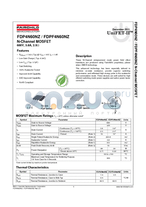 FDP4N60NZ datasheet - N-Channel MOSFET 600V, 3.8A, 2.5Y