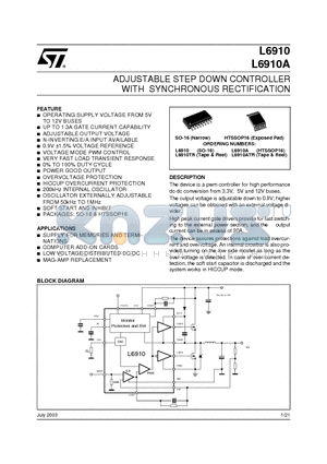 L6910ATR datasheet - ADJUSTABLE STEP DOWN CONTROLLER WITH SYNCHRONOUS RECTIFICATION