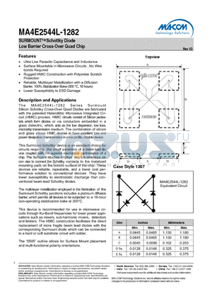 MA4E2544L-1282 datasheet - SURMOUNTTM Schottky Diode Low Barrier Cross-Over Quad Chip