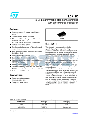 L6911ETR datasheet - 5-Bit programmable step down controller with synchronous rectification
