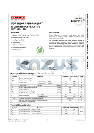 FDP5N50F_12 datasheet - N-Channel MOSFET, FRFET 500V, 4.5A, 1.55Y