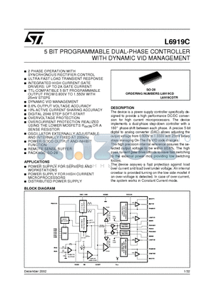 L6919C datasheet - 5 BIT PROGRAMMABLE DUAL-PHASE CONTROLLER WITH DYNAMIC VID MANAGEMENT