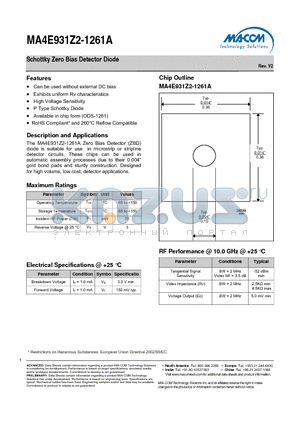 MA4E931Z2-1261A datasheet - Schottky Zero Bias Detector Diode