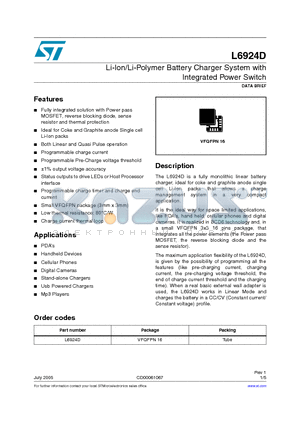 L6924D datasheet - Li-Ion/Li-Polymer Battery Charger System with Integrated Power Switch