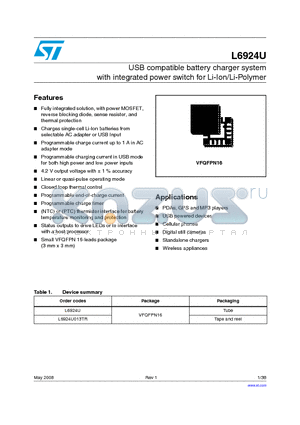 L6924U datasheet - USB compatible battery charger system with integrated power switch for Li-Ion/Li-Polymer