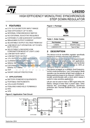 L6925D013TR datasheet - HIGH EFFICIENCY MONOLITHIC SYNCHRONOUS STEP DOWN REGULATOR