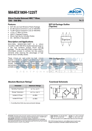 MA4EX180H-1225T datasheet - Silicon Double Balanced HMICTM Mixer, 1300 - 1900 MHz Rev. V2