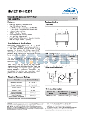 MA4EX190H1-1225T datasheet - Silicon Double Balanced HMICTM Mixer 1700 - 2300 MHz