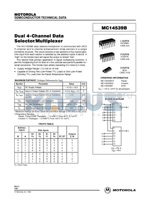 MC14539BD datasheet - DUAL 4-CHANNEL DATA SELECTOR/MULTIPLEXER