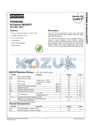 FDP80N06 datasheet - N-Channel MOSFET