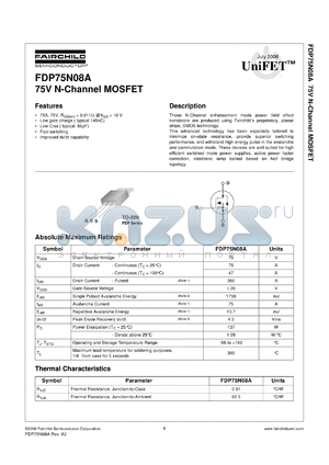 FDP75N08A datasheet - 75V N-Channel MOSFET