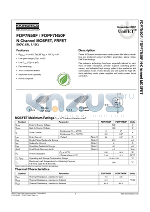 FDP7N50F datasheet - N-Channel MOSFET, FRFET 500V, 6A, 1.15OHM