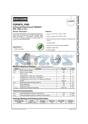 FDP8870 datasheet - N-Channel PowerTrench MOSFET 30V, 156A, 4.1m