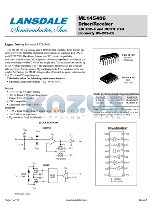 MC145406P datasheet - Driver/Receiver EIA 232-E and CCITT V.28 (Formerly RS-232-D)