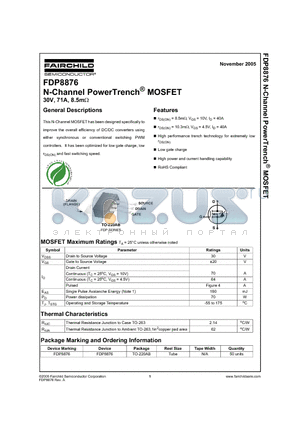 FDP8876 datasheet - N-Channel PowerTrench MOSFET