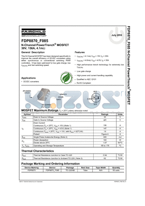 FDP8870_10 datasheet - N-Channel PowerTrench^ MOSFET 30V, 156A, 4.1mW