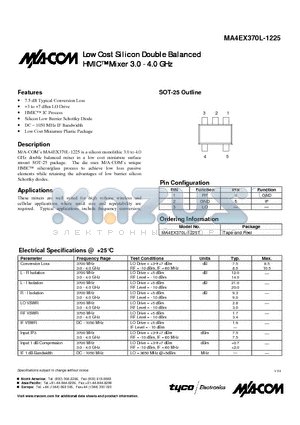 MA4EX370L-1225 datasheet - Low Cost Silicon Double Balanced HMIC  Mixer 3.0 - 4.0 GHz