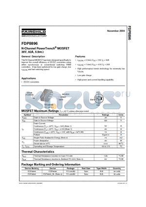 FDP8896 datasheet - N-Channel PowerTrench MOSFET 30V, 92A, 5.9m