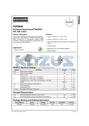FDP8896 datasheet - N-Channel PowerTrench^ MOSFET 30V, 92A, 5.9mY