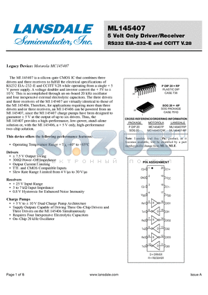 MC145407P datasheet - 5 Volt Only Driver/Receiver RS232 EIA-232-E and CCITT V.28