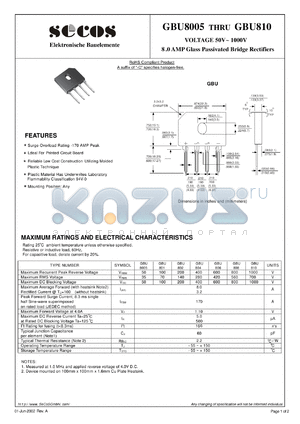 GBU8005 datasheet - 8 .0 AMP Glass Passivated Bridge Rectifiers