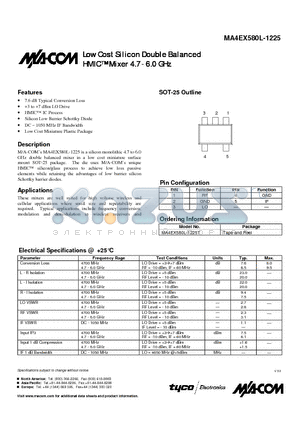MA4EX580L-1225 datasheet - Low Cost Silicon Double Balanced HMIC  Mixer 4.7 - 6.0 GHz