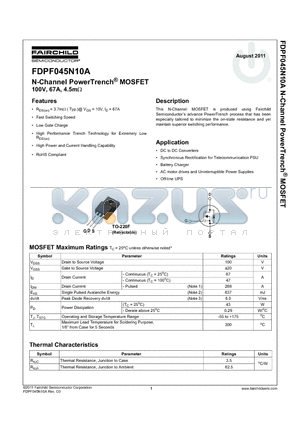 FDPF045N10A datasheet - N-Channel PowerTrench^ MOSFET 100V, 67A, 4.5m