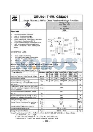 GBU801 datasheet - Single Phase 8.0 AMPS. Glass Passivated Bridge Rectifiers