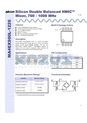 MA4EX900L-1226T datasheet - Silicon Double Balanced HMIC Mixer, 700 - 1000 MHz