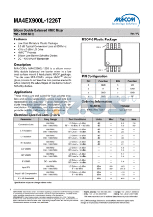 MA4EX900L-1226T datasheet - Silicon Double Balanced HMIC Mixer