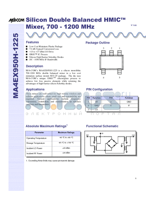 MA4EX950H-1225 datasheet - Silicon Double Balanced HMICTM Mixer, 700 - 1200 MHz