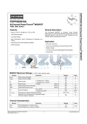 FDPF085N10A datasheet - N-Channel PowerTrench^ MOSFET 100V, 40A, 8.5mW