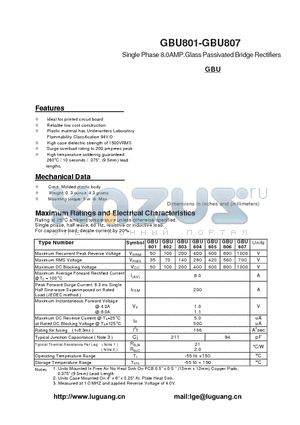 GBU801 datasheet - Single Phase 8.0AMP.Glass Passivated Bridge Rectifiers