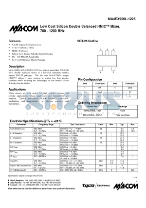 MA4EX950L-1225 datasheet - Low Cost Silicon Double Balanced HMIC Mixer, 700 - 1200 MHz