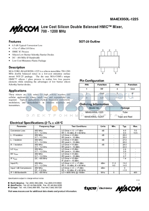 MA4EX950L-1225T datasheet - Low Cost Silicon Double Balanced HMIC Mixer, 700 - 1200 MHz