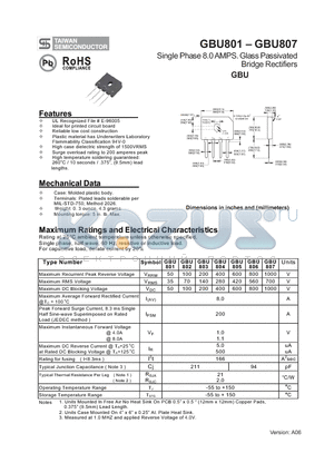 GBU802 datasheet - Single Phase 8.0 AMPS. Glass Passivated Bridge Rectifiers