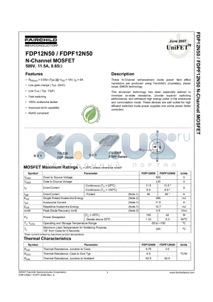 FDPF12N50 datasheet - N-Channel MOSFET 500V, 11.5A, 0.65Y